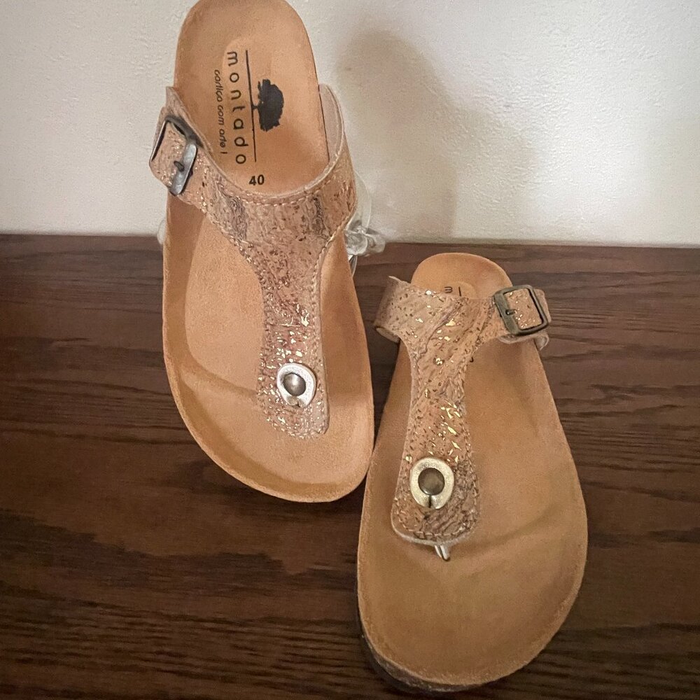 Cork and Gold Thong Birkenstock-style Slide Sandals, Size 40, NWOT
